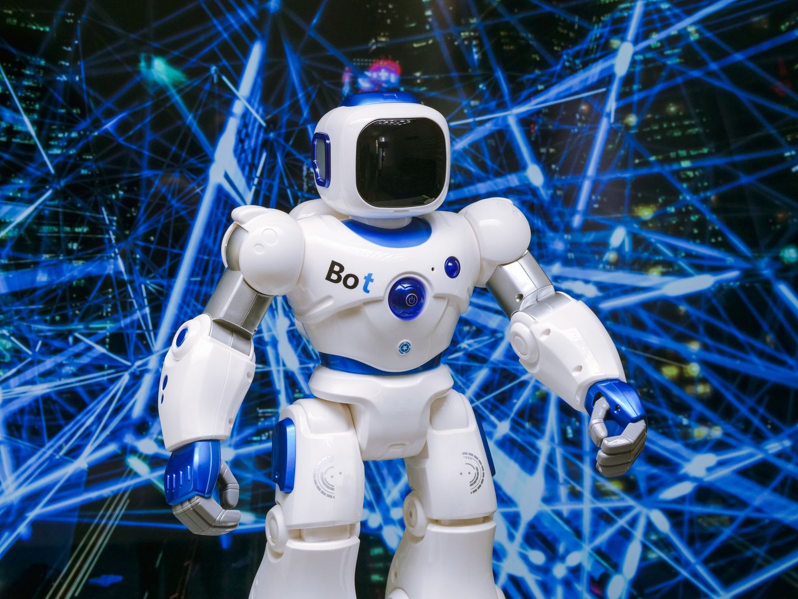 Futuristic humanoid robot with glowing blue accents representing AI writing technology