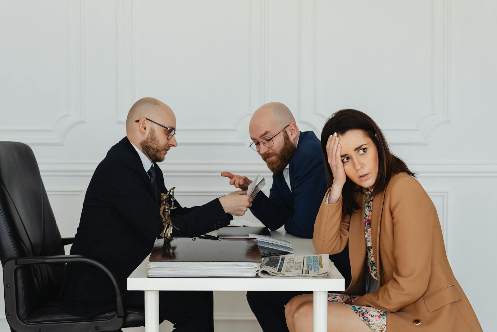 Distressed female client sitting with two attorneys during a divorce consultation