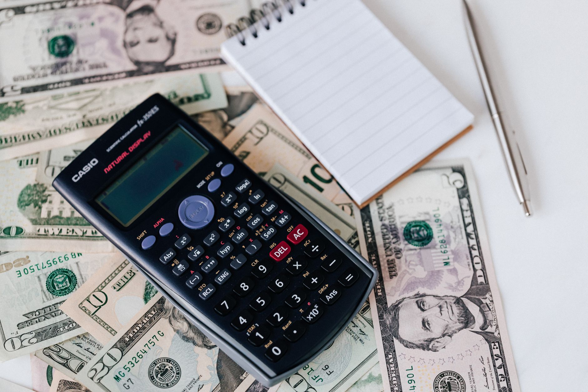 Calculator and notepad on top of dollar bills showing budget calculations