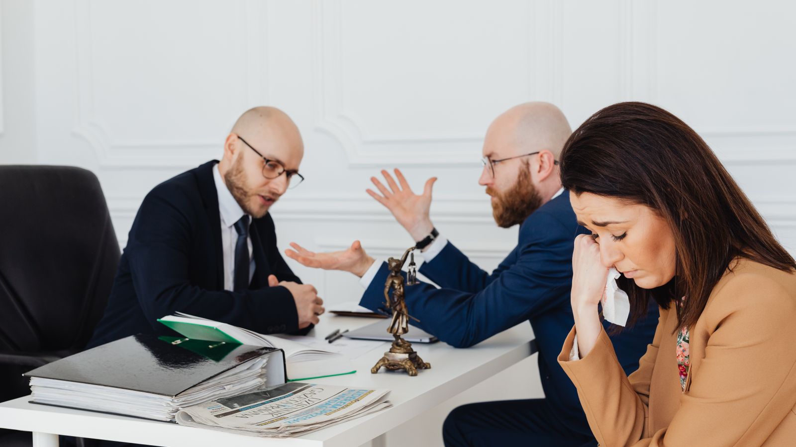 Distressed client meeting with two criminal defense attorneys at an office desk