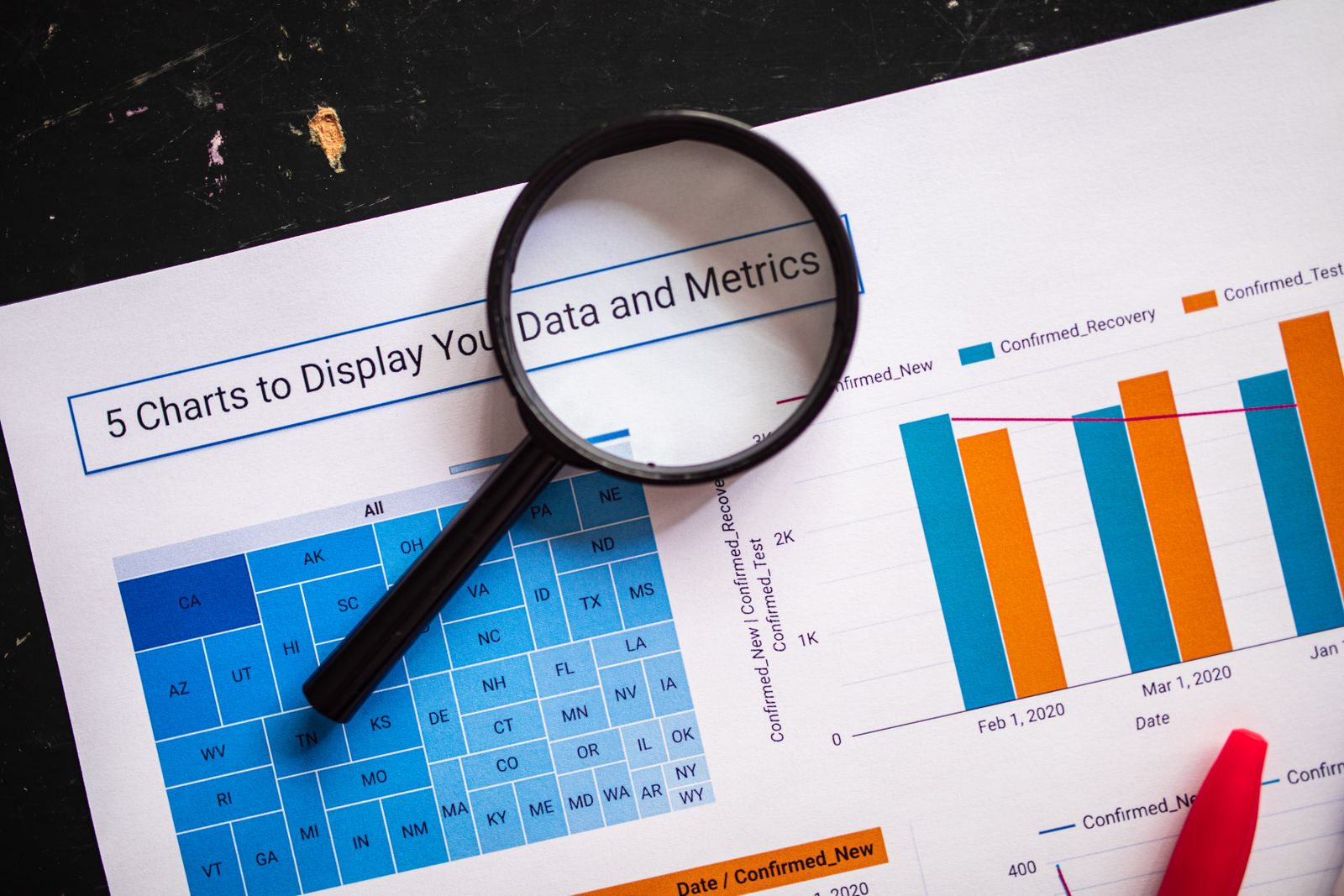 Magnifying glass on printed data charts showing state map and bar graphs