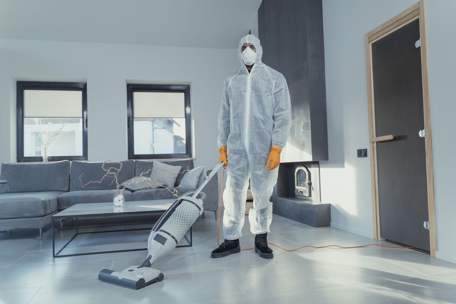 Pest control professional in protective gear treating the interior of a modern home