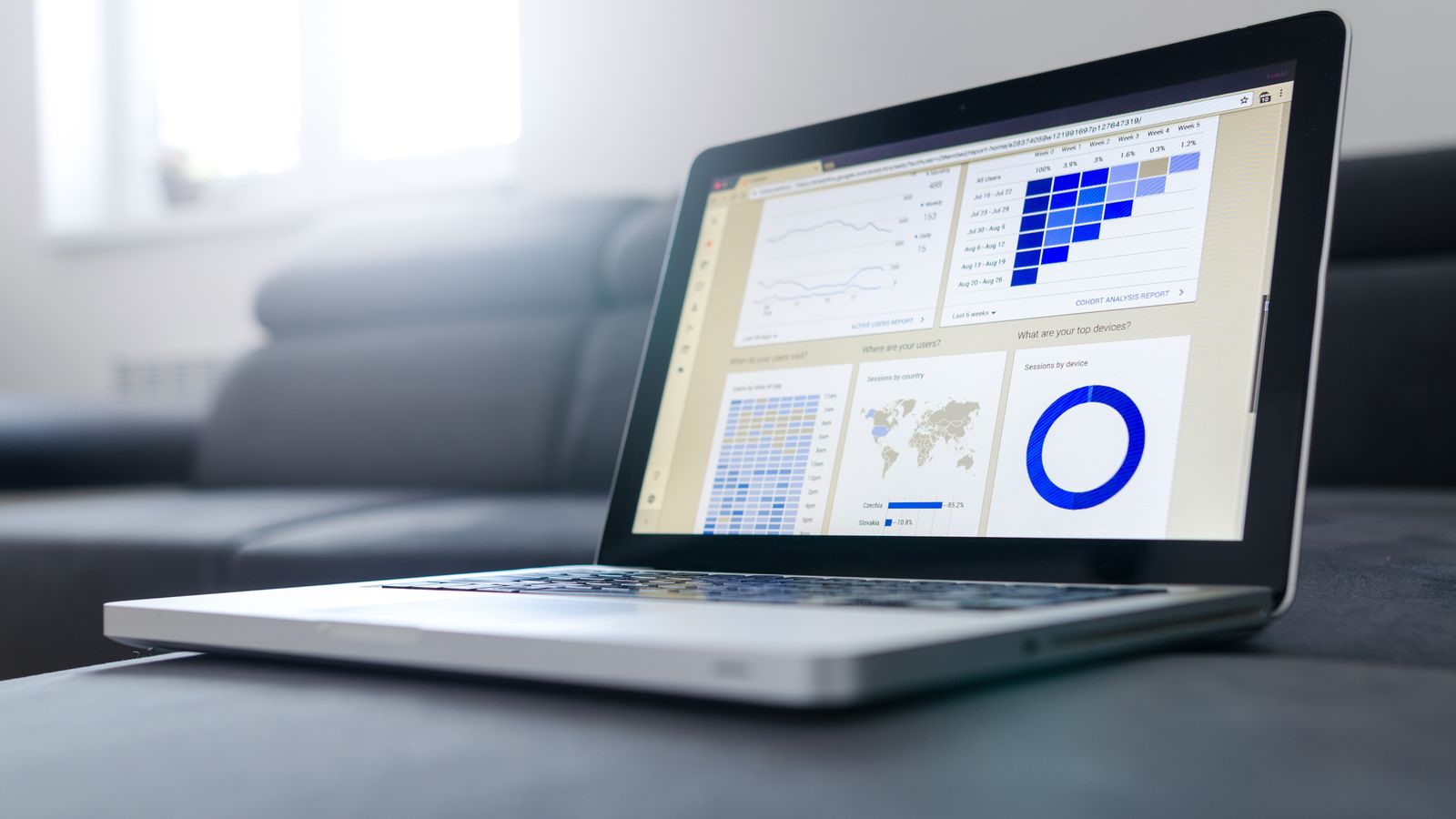 Laptop displaying website analytics dashboard with traffic charts