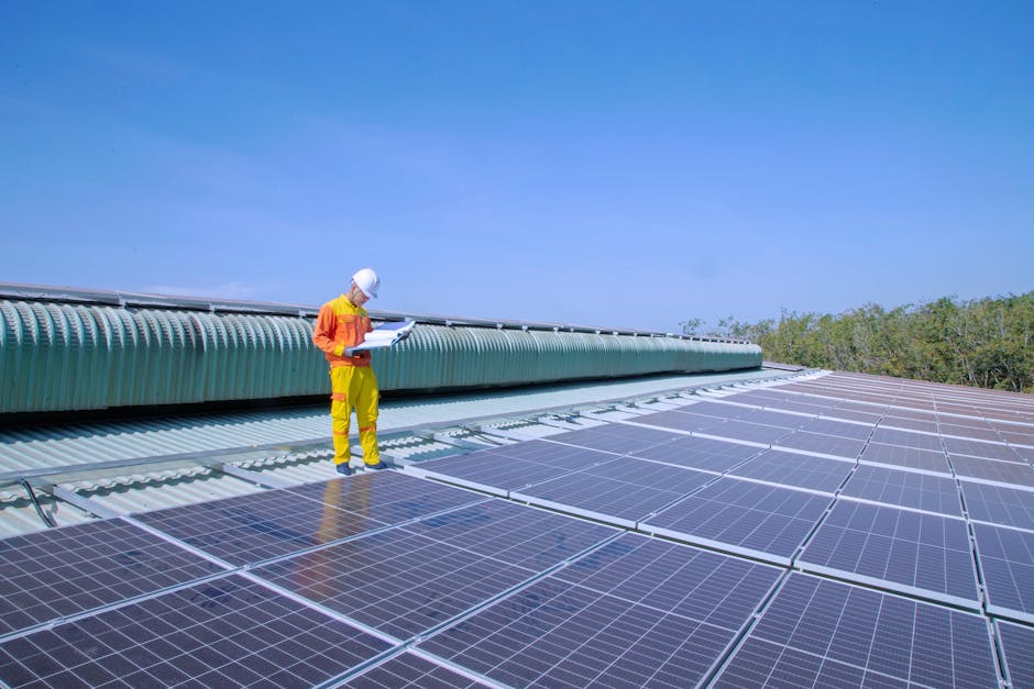 Solar inspector with clipboard reviewing a rooftop installation against the keyword research