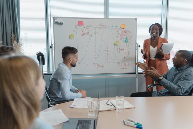Small business team mapping out a content strategy on a whiteboard in a meeting room