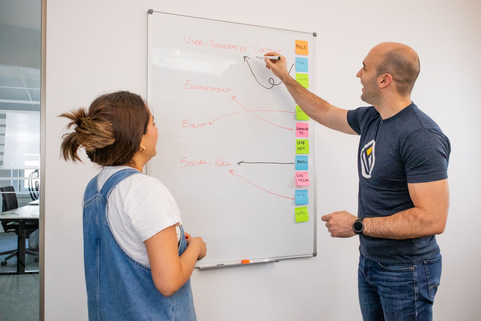 Two marketers mapping a content plan with sticky notes on a whiteboard