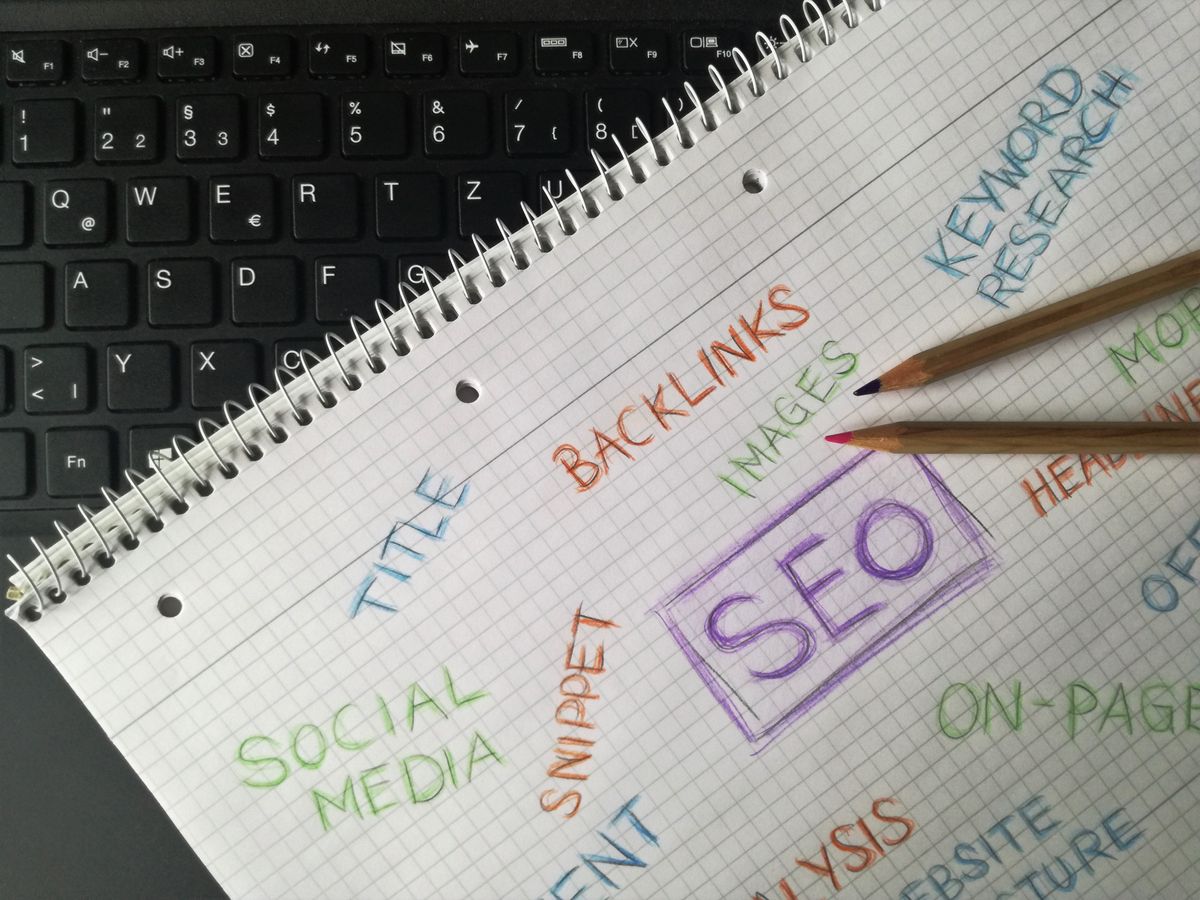 A notebook with SEO keyword terms highlighted, representing keyword research for a small business