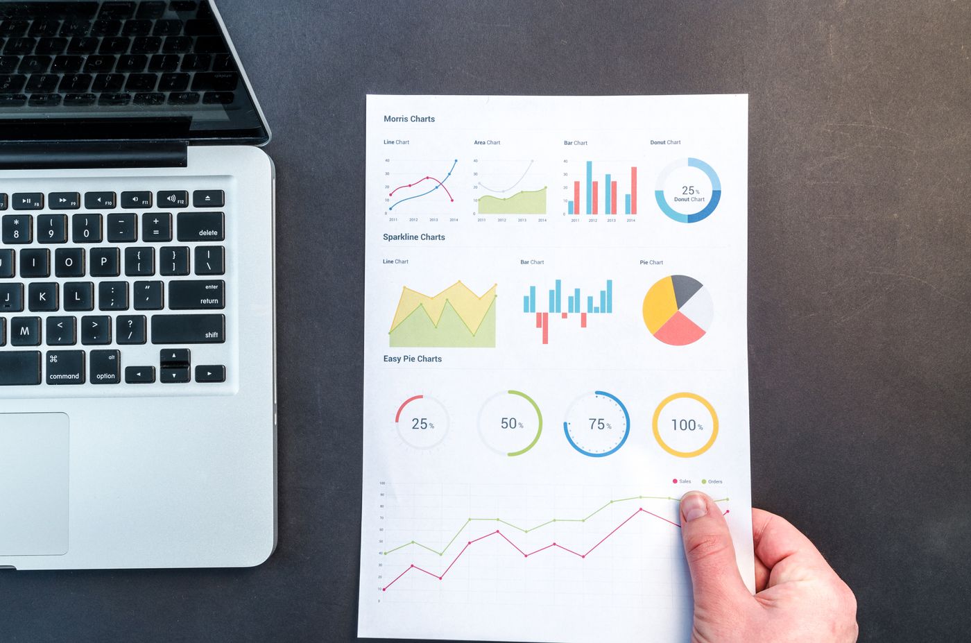 Hand holding a printed analytics report showing charts and growth metrics for a local business website