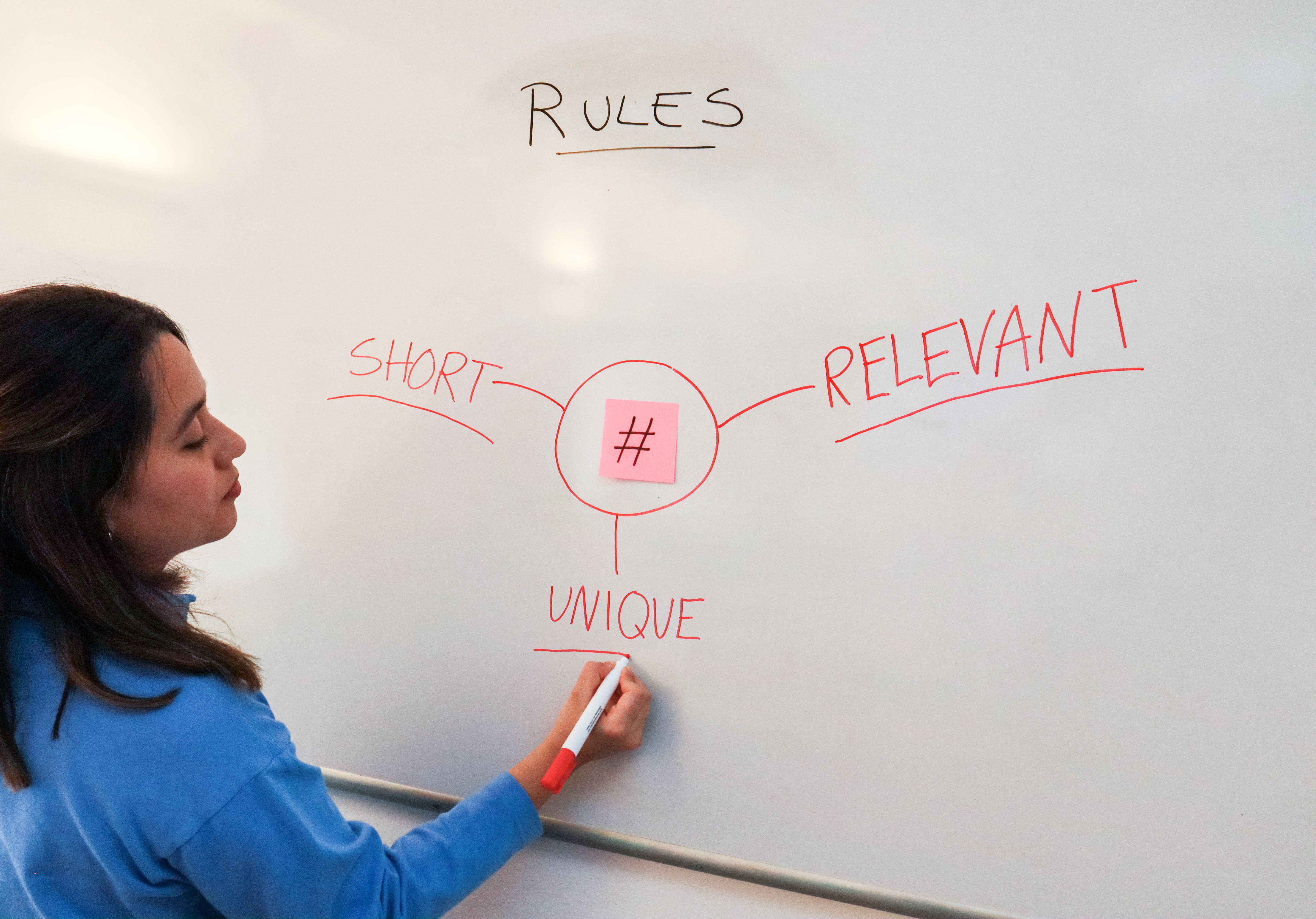 Woman drawing a content strategy mind map on whiteboard with rules: short, relevant, unique