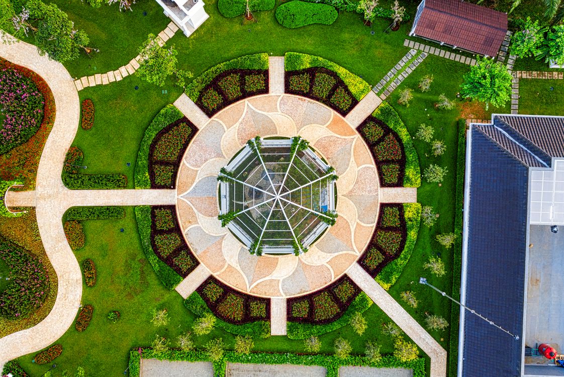 Aerial view of a formal garden design with symmetrical hedges