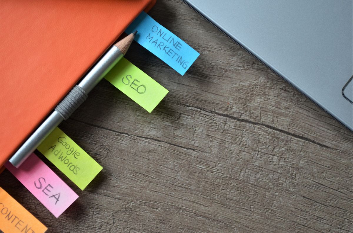 SEO and online marketing keyword planning notes on colorful sticky notes