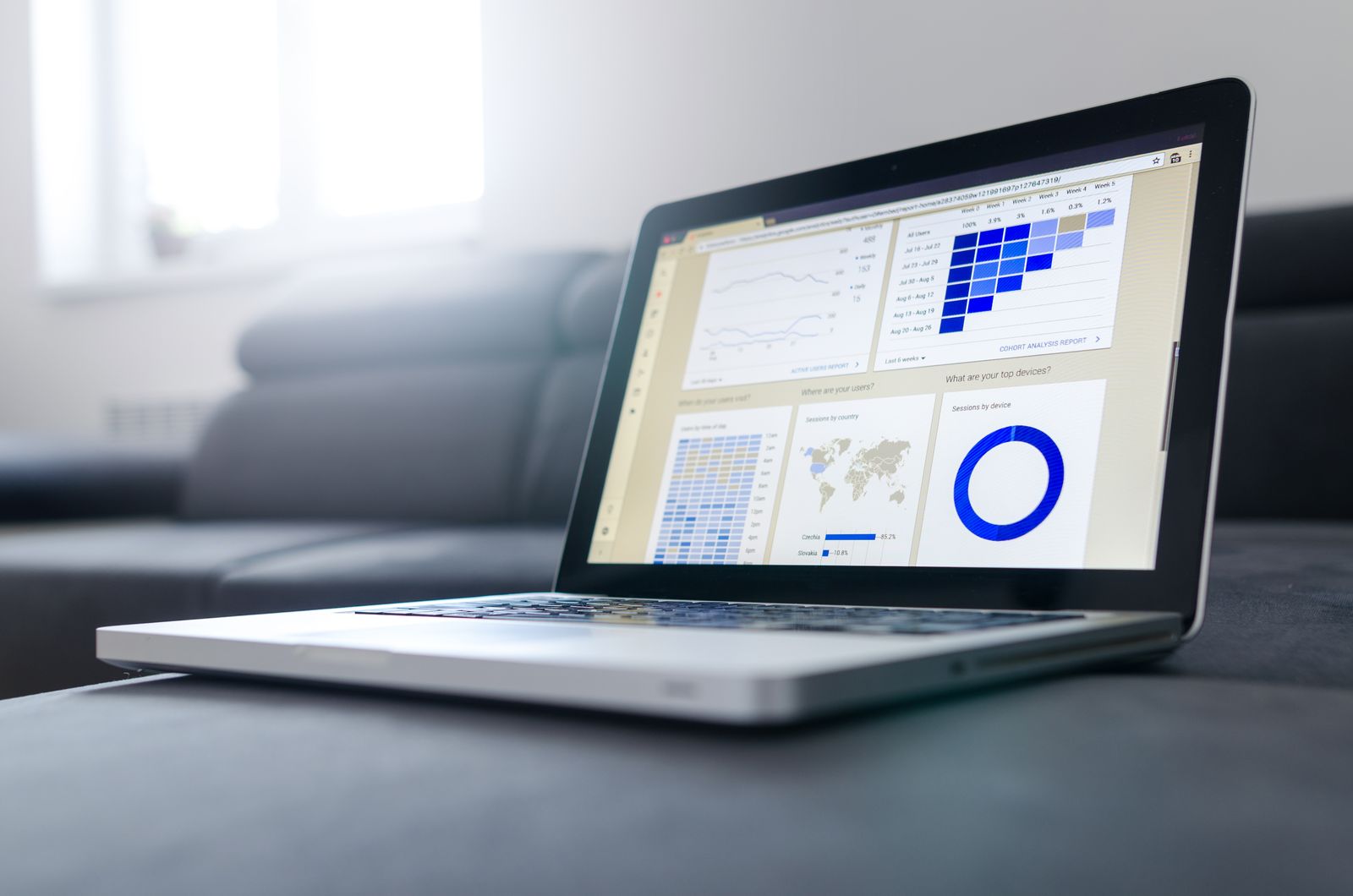 Laptop showing analytics dashboard with traffic and conversion data for SEO ROI tracking