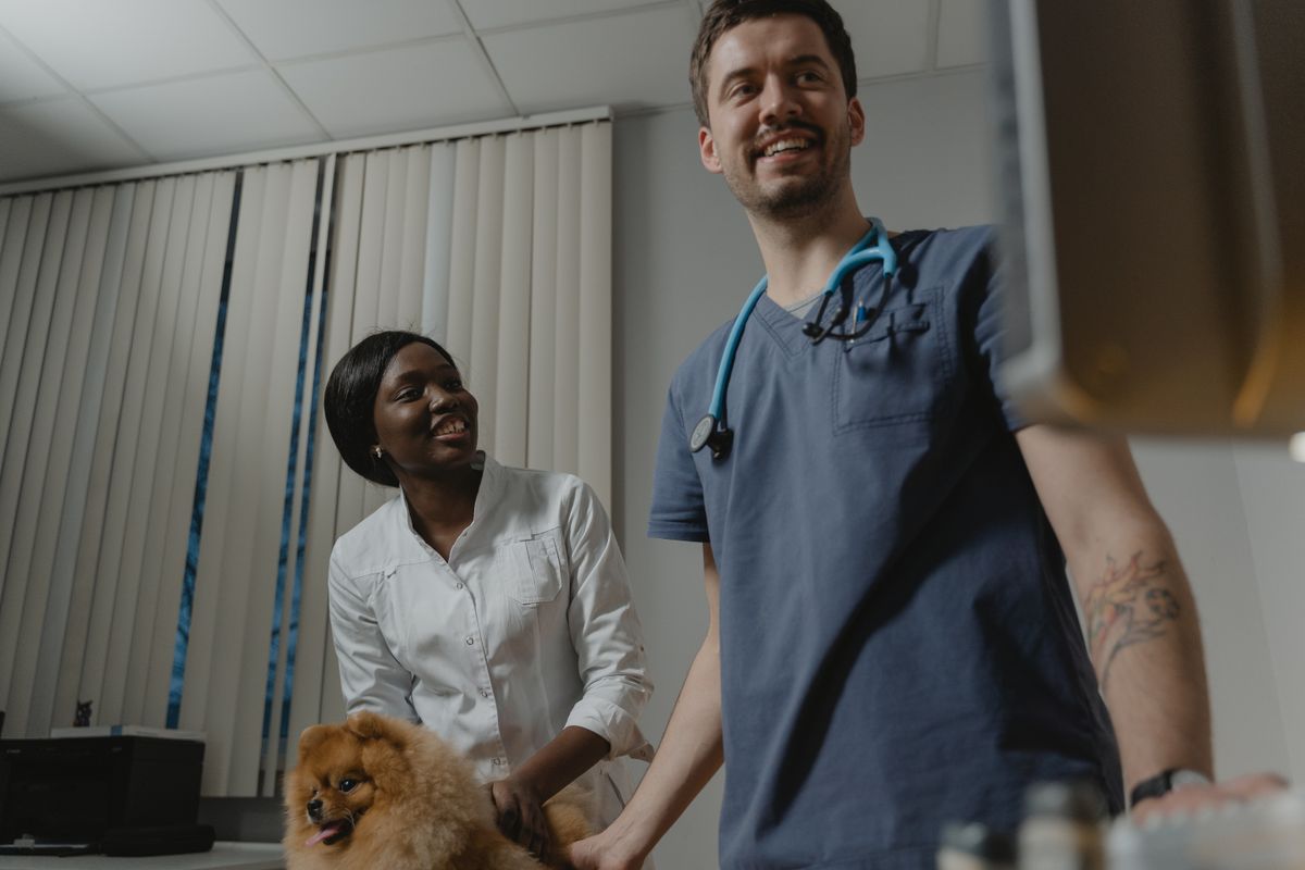 Smiling veterinary team with a Pomeranian dog at a welcoming animal clinic
