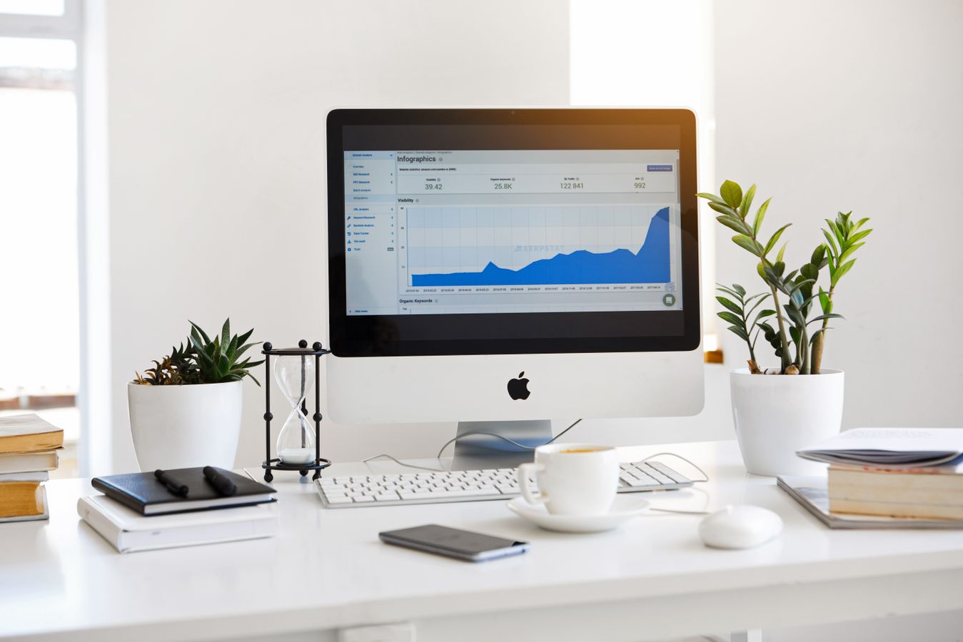 clean office workspace with website analytics dashboard open on a desktop monitor