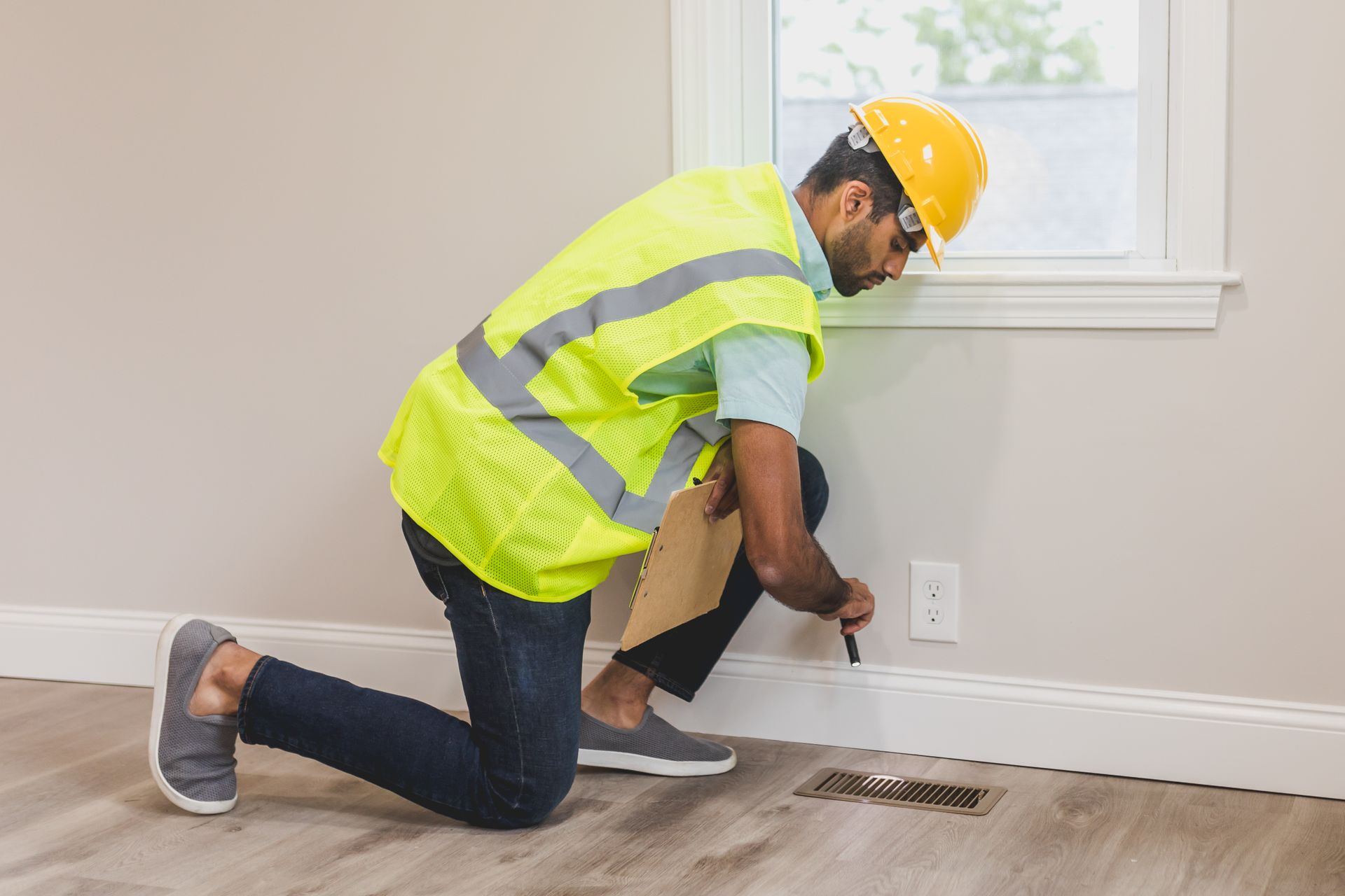 mold remediation worker treating affected drywall in a residential home