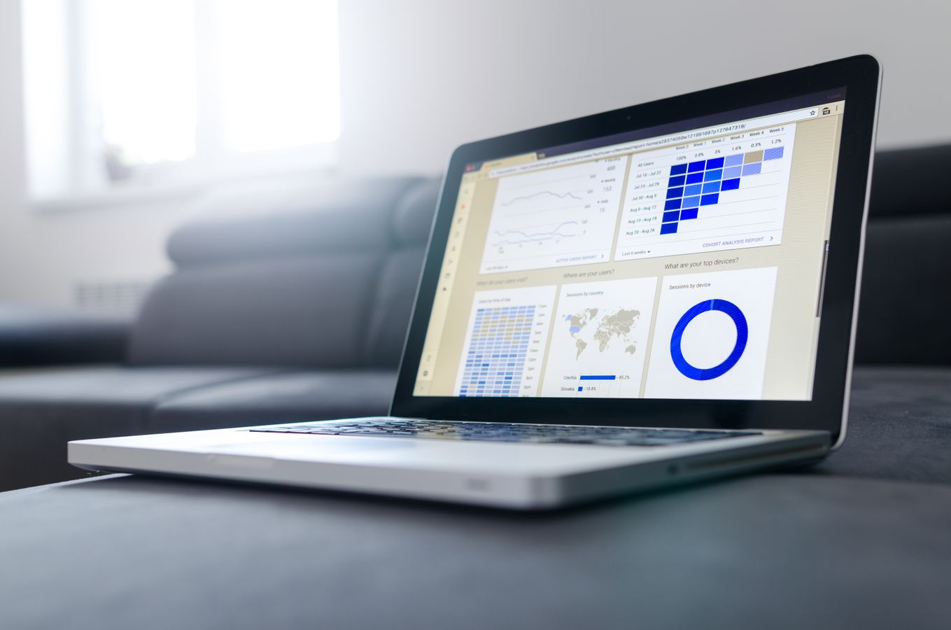 Laptop screen showing website traffic analytics dashboard
