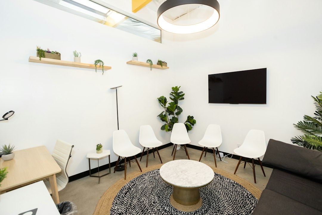 Bright modern waiting room with white chairs and plants at an OB-GYN practice