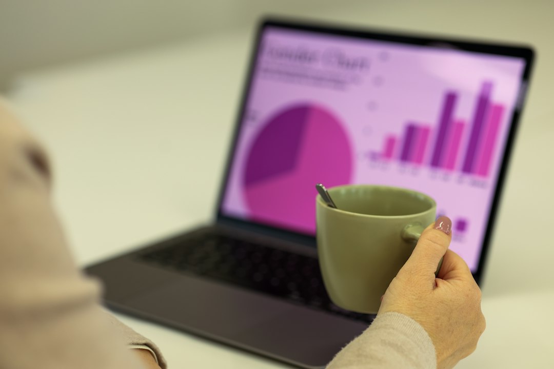 Laptop screen showing a marketing analytics dashboard with a pie chart and bar graph